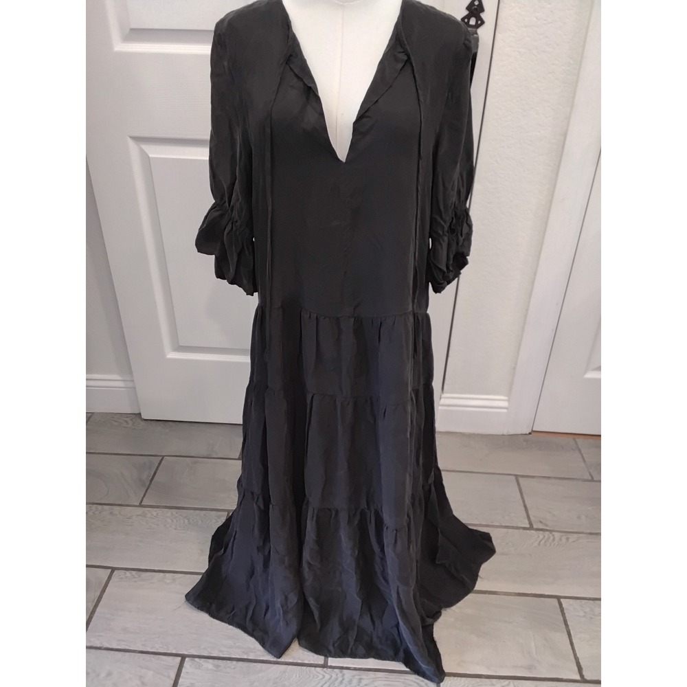 Little Lies Black Cupro Viscose Tiered Maxi Dress V-Neck Puff Sleeve Boho Size M